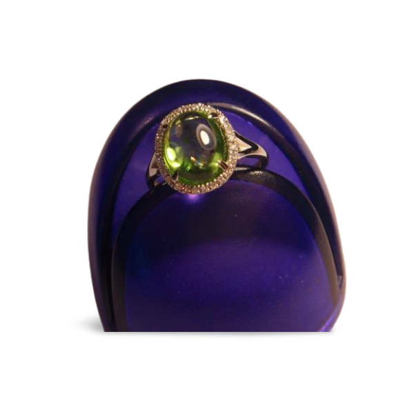 Stunning Estate 14K White Gold Diamond Cabochon Peridot Cocktail Ring - GGEMSonline