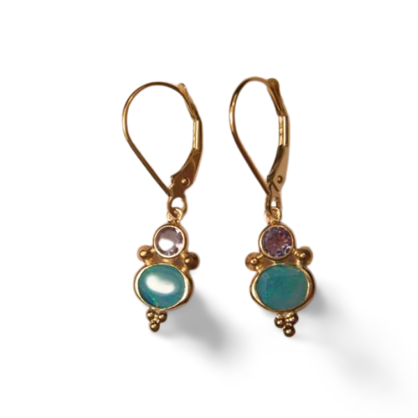 Lovely 14K Yellow Gold Blue Opal Tanzanite Dangle Drop Designer Earrings - GGEMSonline