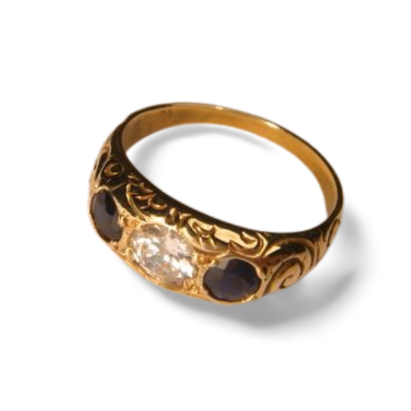 Gorgeous Antique 14K Yellow Gold Diamond Sapphire 3-Stone Wedding Ring Band - GGEMSonline