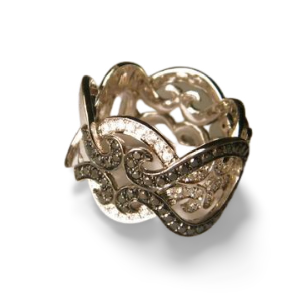 Gorgeous 14K White Gold Black and White Diamond Scroll Designer Ring Band - GGEMSonline