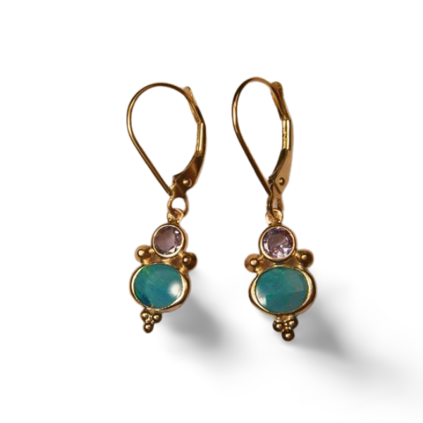 Lovely 14K Yellow Gold Blue Opal Tanzanite Dangle Drop Designer Earrings - GGEMSonline