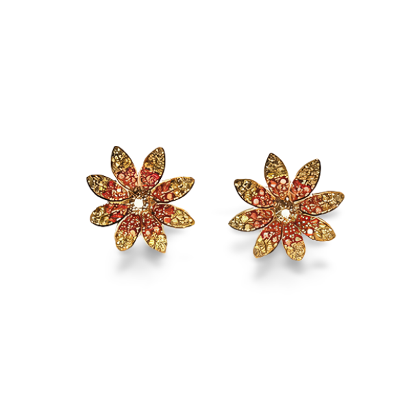 Estate 14K Yellow Gold Diamond Red Sapphire Flower Stud Earrings Studs - GGEMSonline