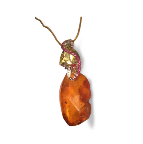 Rare Amber 14K Gold Citrine Lemon Quartz Pink Sapphire Diamond Pendant Necklace - GGEMSonline