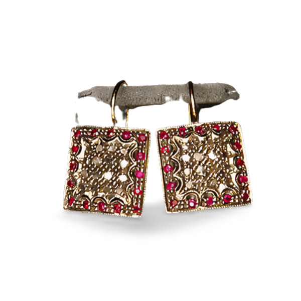 Gorgeous Antique 14K Pink Gold Rose Cut Diamond Ruby Dangle Drop Earrings - GGEMSonline