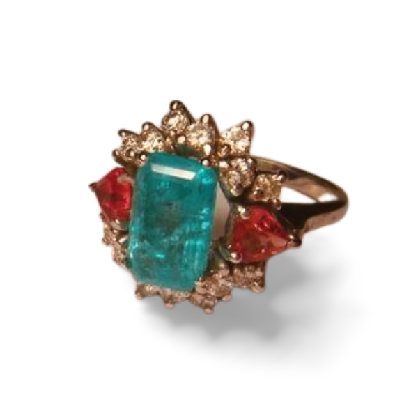 Magnificent 18K White Gold Emerald Tourmaline Diamond Designer Ring - GGEMSonline