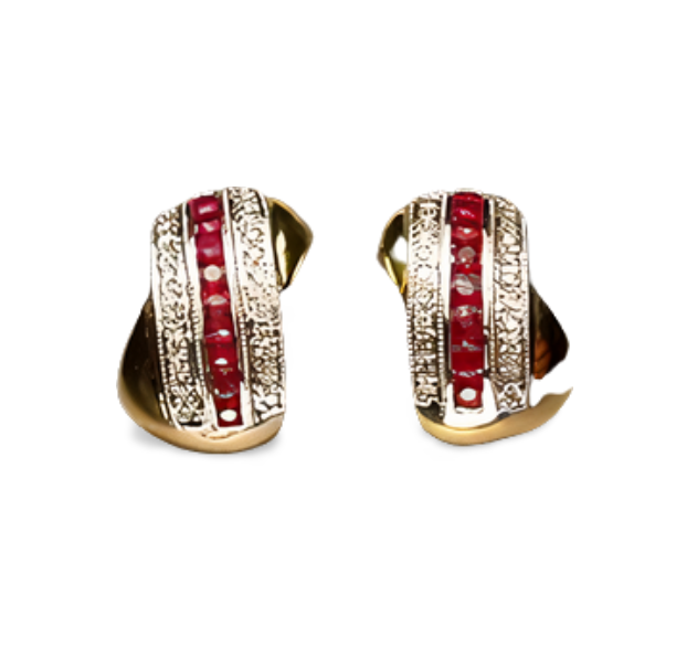 Exquisite Estate 14K Yellow Gold Diamond Ruby Huggie Half Hoop Earrings - GGEMSonline