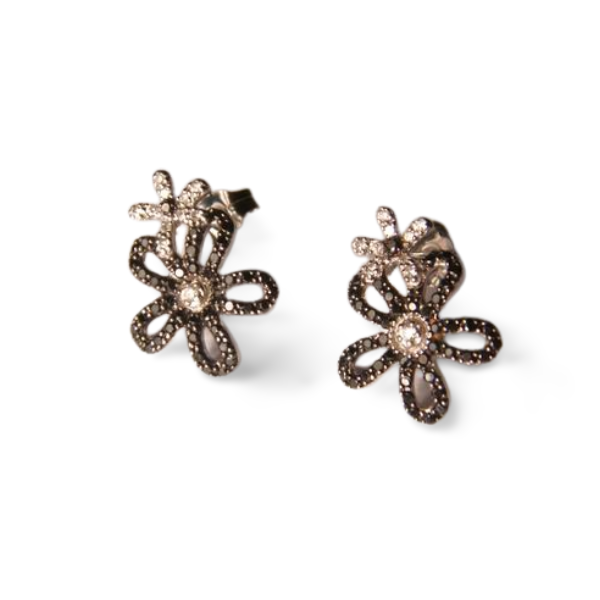 Beautiful 14K White Gold Pave Black and White Diamond Floral Flower Earrings - GGEMSonline